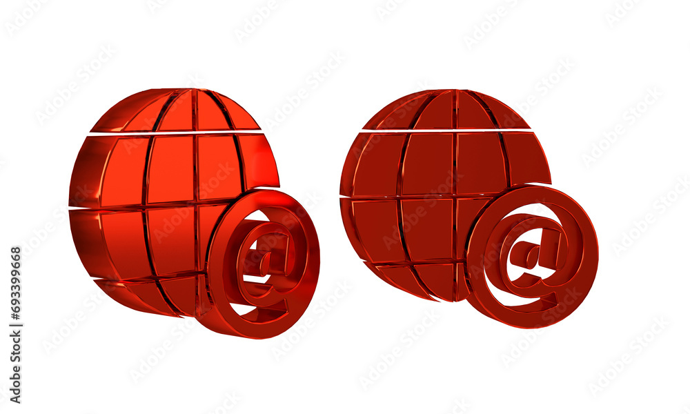 Poster red earth globe with mail and e-mail icon isolated on transparent background. envelope symbol e-mail