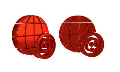 Red Earth globe with mail and e-mail icon isolated on transparent background. Envelope symbol...
