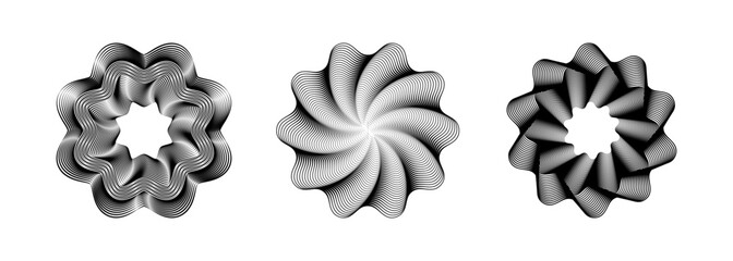 A Set of vector illustrations featuring halftone-effect lines within geometric round frames. Retro patterned border lines. ideal for logo, card, T shirt print.  © Vallabh soni