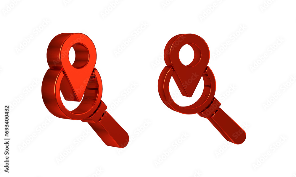 Poster red search location icon isolated on transparent background. magnifying glass with pointer sign.