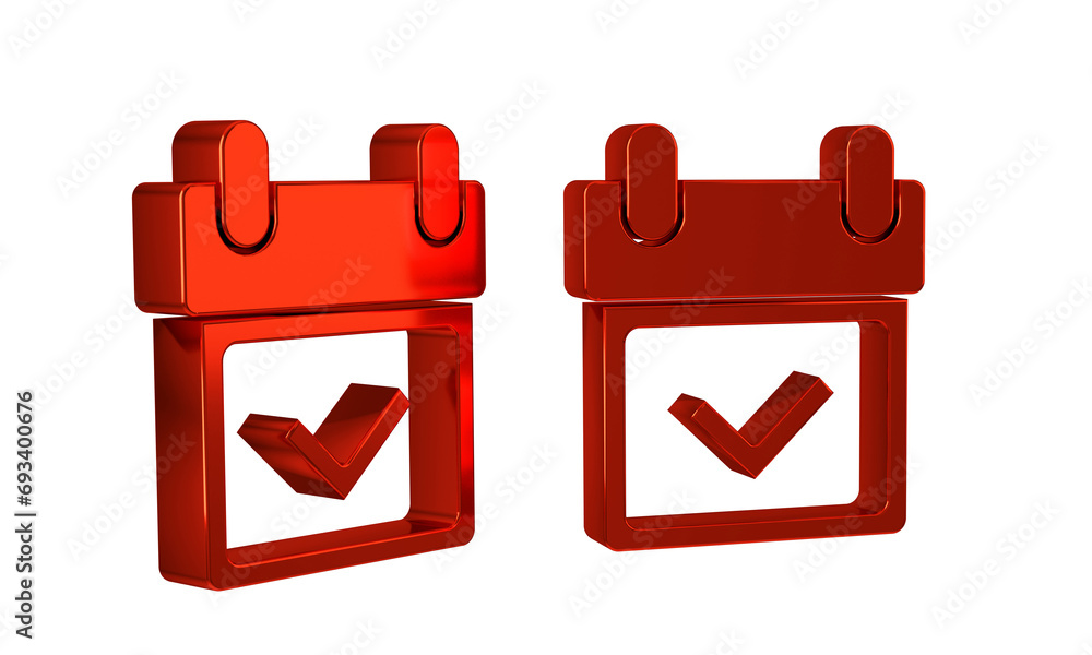 Poster red calendar with check mark icon isolated on transparent background.
