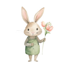 Obraz premium Watercolor illustration of cute bunny with tulip flower, Spring season concept.