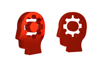 Red Human head with gear inside icon isolated on transparent background. Artificial intelligence. Thinking brain. Symbol work of brain.