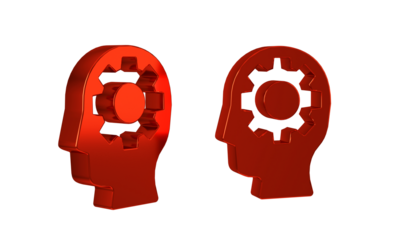 Red Human head with gear inside icon isolated on transparent background. Artificial intelligence. Thinking brain. Symbol work of brain.