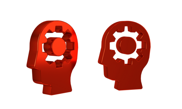 Red Human head with gear inside icon isolated on transparent background. Artificial intelligence. Thinking brain. Symbol work of brain.
