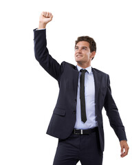 Business man, winner and yes in studio for success, power or achievement in stock market celebration. Excited corporate person or trader with fist, thinking of winning and goals on a white background