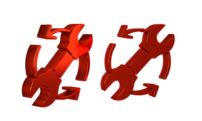 Red Wrench spanner and arrows as workflow icon isolated on transparent background. Adjusting, service, setting, maintenance, repair, fixing.