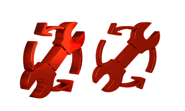 Red Wrench spanner and arrows as workflow icon isolated on transparent background. Adjusting, service, setting, maintenance, repair, fixing.
