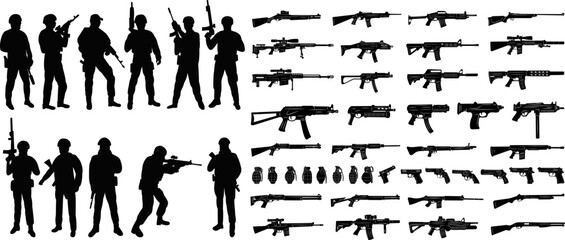military set, weapons silhouette on white background vector