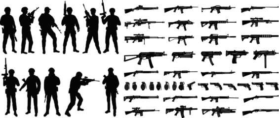 Muurstickers military set, weapons silhouette on white background vector © zolotons