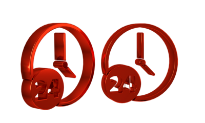 Red Clock 24 hours icon isolated on transparent background. All day cyclic icon. 24 hours service symbol.