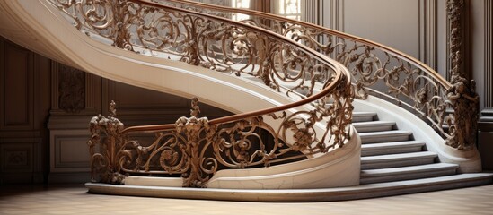 Marble stairs with ornate wooden railings, in a 1900s French Renaissance-style, on a winding spiral staircase. - obrazy, fototapety, plakaty