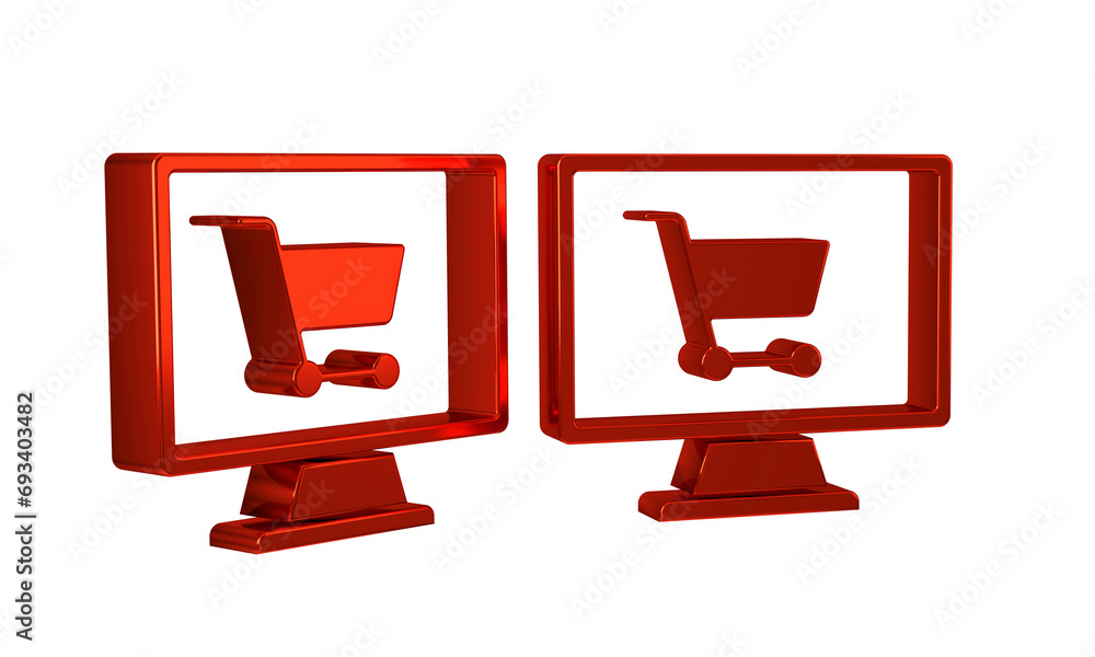 Poster red shopping cart on screen computer icon isolated on transparent background. concept e-commerce, e-