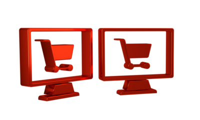 Red Shopping cart on screen computer icon isolated on transparent background. Concept e-commerce, e-business, online business marketing.