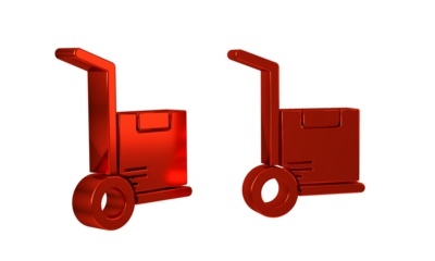 Red Hand truck and boxes icon isolated on transparent background. Dolly symbol.