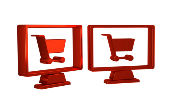 Red Shopping cart on screen computer icon isolated on transparent background. Concept e-commerce, e-business, online business marketing.
