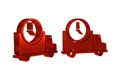 Red Logistics delivery truck and clock icon isolated on transparent background. Delivery time icon.