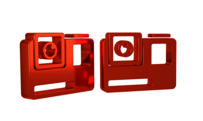 Red Action extreme camera icon isolated on transparent background. Video camera equipment for filming extreme sports.
