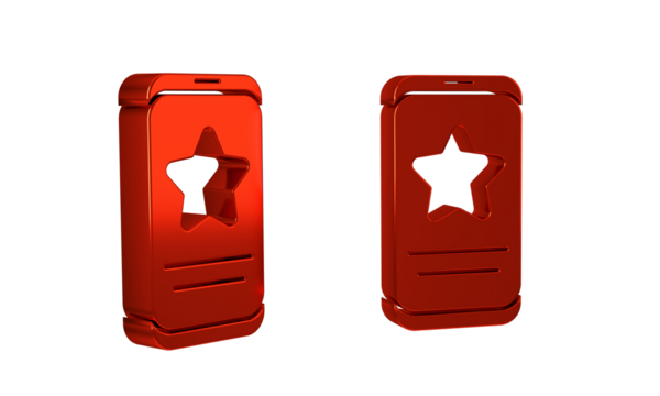 Red Mobile phone with review rating icon isolated on transparent background. Concept of testimonials messages, notifications, feedback.