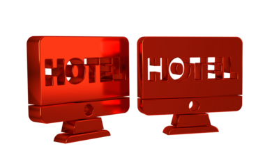 Red Online hotel booking icon isolated on transparent background. Online booking design concept for computer monitor.