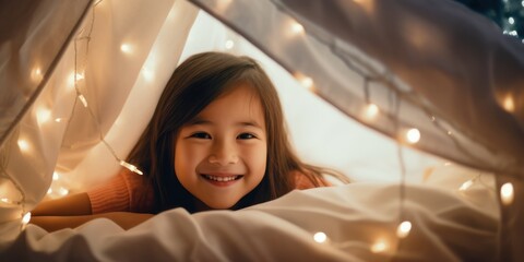 A young Asian girl is inside a blanket fort in a family room at night, softly lit by fairy lights hanging from the ceiling. - Powered by Adobe