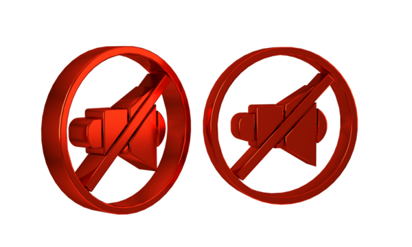 Red Speaker mute icon isolated on transparent background. No sound icon. Volume Off symbol.