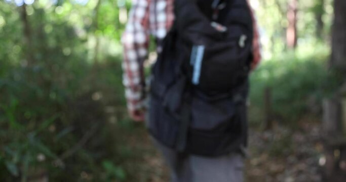 A person who wear a backpack with bear bell at the green forest closeup focus out