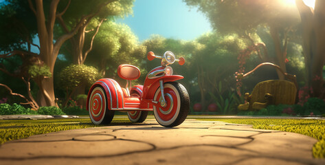 person riding a motorcycle, 3D cartoon image of a tricycle - Powered by Adobe