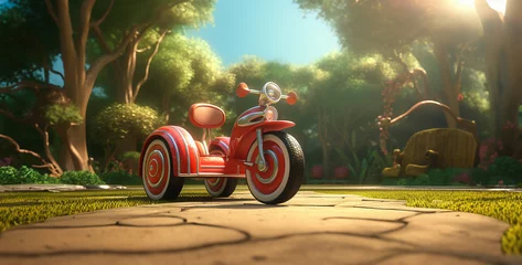 Schilderijen op glas person riding a motorcycle, 3D cartoon image of a tricycle © Yasir