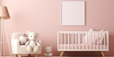Framed white poster mockup in a pink kid's room, in the style of danish design, minimalist backgrounds