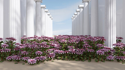 The room is full of flowers. 3D illustration, 3D rendering	
