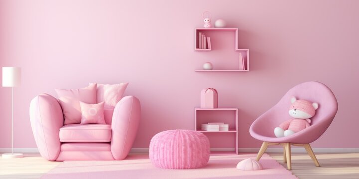 Modern stylish interior pink children's room in barbie style, minimalistic 