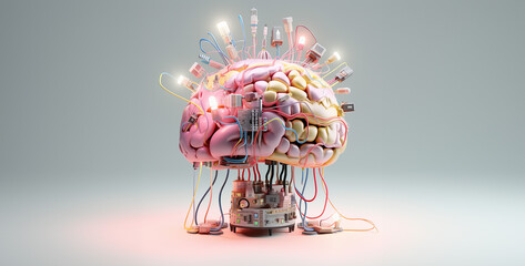3d rendered illustration of human brain, a brain with light colors and electronics devices plugged