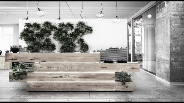 Open and transparent office architecture with reception counter in modern, wood design - loop-able 3D visualization
