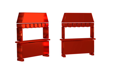 Red Street stall with awning and wooden rack icon isolated on transparent background. Kiosk with wooden rack.