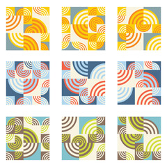 Set of abstract geometric colorful bauhaus designs. Circles and squares. Use for layouts, cards, design elements.