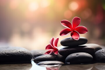 a flower on a stack of black stones