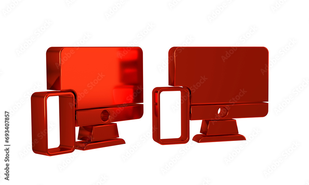 Poster red computer monitor and mobile phone icon isolated on transparent background. earnings in the inter