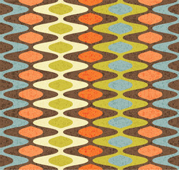 Seamless abstract mid century modern pattern for backgrounds, fabric design, wrapping paper. Retro design of wavy stripes and ovals. Vector illustration.