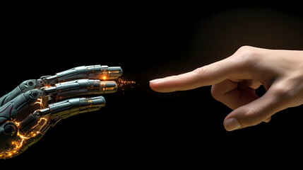 The human finger delicately touches the finger of a robot's metallic finger. Concept of harmonious coexistence of humans and AI technology