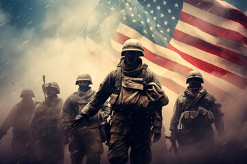US American soldier team portrait in front of the United States of America flag background. - obrazy, fototapety, plakaty