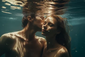Foto op Plexiglas Mann und Frau küssen sich Unterwasser © stockmotion