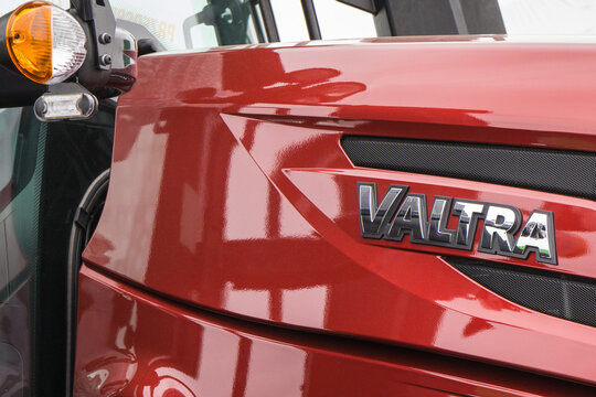 Bednary, Poland - September 25, 2021: Agroshow. Front of tractor with Valtra logo. Manufacturer of agricultural equipment
