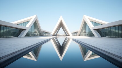 a triangular shaped building with a pool of water