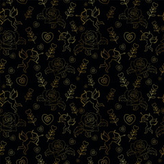 Valentine's Day seamless pattern illustration. Hearts, arrows of cupid, and rose flowers.