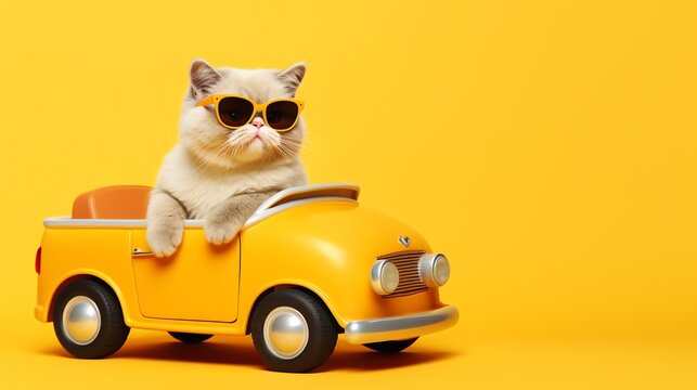 a cat in sunglasses sitting in a toy car