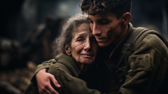 Close up photo of young soldier back from war and his sad mother hugging him or saying goodbye. AI generated image