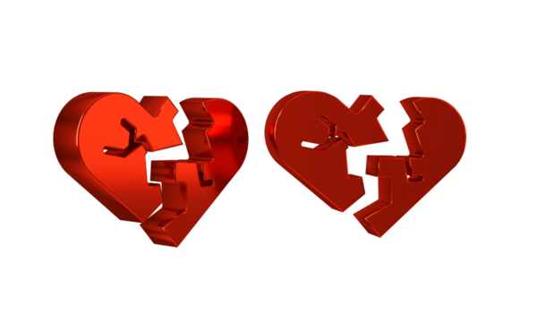 Red Broken heart or divorce icon isolated on transparent background. Love symbol. Valentines day.