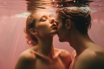 Mann und Frau küssen sich Unterwasser - obrazy, fototapety, plakaty