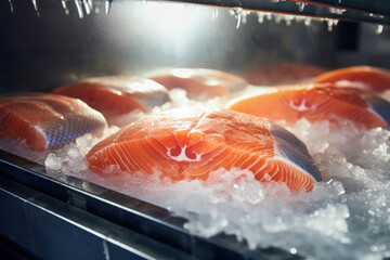 Salmon steak on ice. Chilled fish at a fish processing plant. Ice and salmon. Salmon fillets.